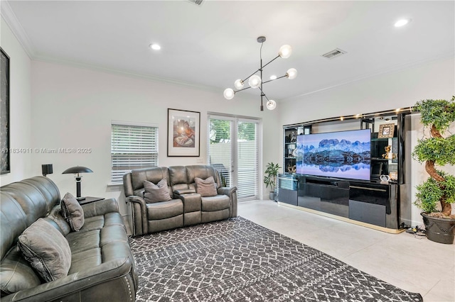 217 SW 11th St, Fort Lauderdale, FL 33315 - tiled living room with crown molding, recessed lighting, and a chandelier