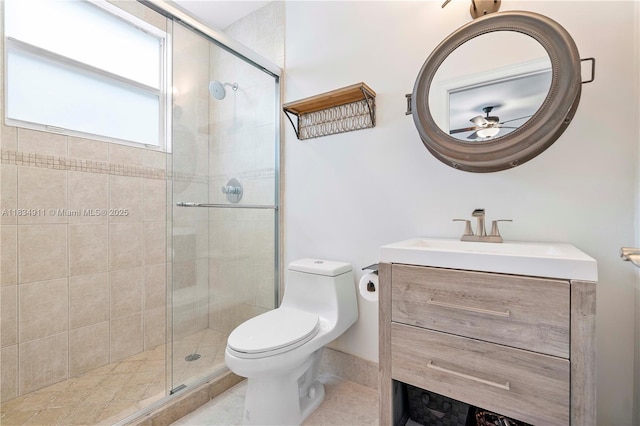 217 SW 11th St, Fort Lauderdale, FL 33315 - bathroom featuring vanity, a stall shower, and a ceiling fan