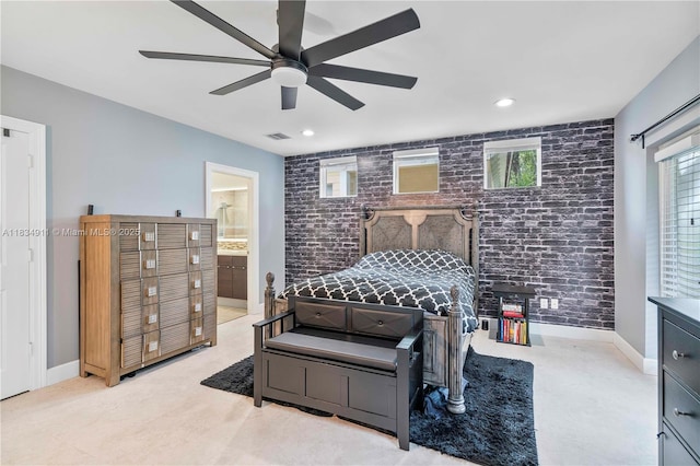 217 SW 11th St, Fort Lauderdale, FL 33315 - bedroom featuring carpet flooring, brick wall, ensuite bathroom, a ceiling fan, and recessed lighting