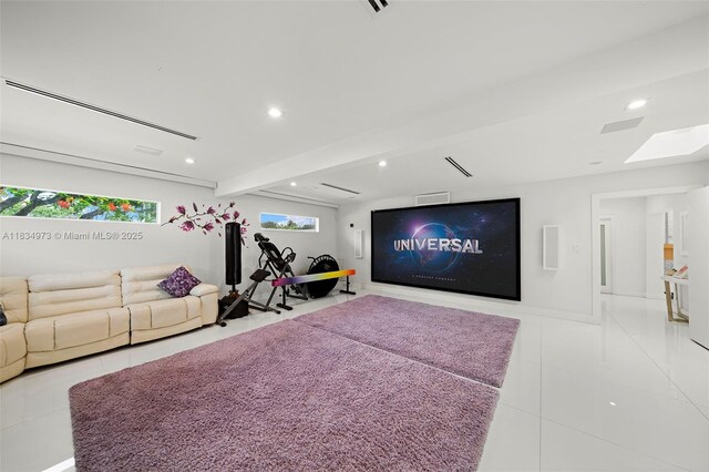 1930 NE 193rd St, Miami, FL 33179 - home theater featuring tile patterned flooring, recessed lighting, and beamed ceiling
