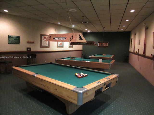 1101 Colony Point Cir Unit 206, Pembroke Pines, FL 33026 - game room with carpet flooring, billiards table, recessed lighting, and a paneled ceiling