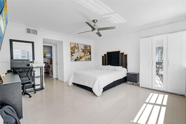 1660 NE 191st St Unit 206-1, Miami, FL 33179 - tiled bedroom featuring crown molding, ceiling fan, and an office area
