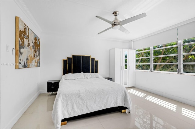 1660 NE 191st St Unit 206-1, Miami, FL 33179 - bedroom with ornamental molding, light tile patterned floors, and a ceiling fan