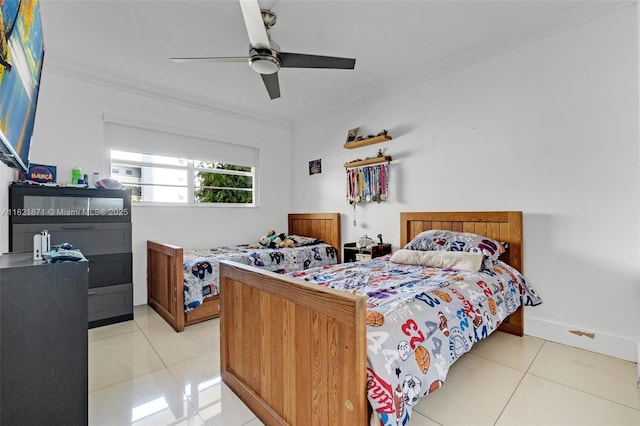 1660 NE 191st St Unit 206-1, Miami, FL 33179 - bedroom with ornamental molding, light tile patterned flooring, and a ceiling fan