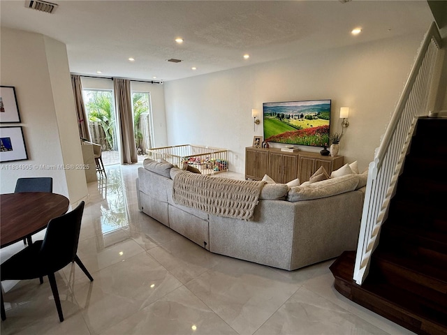 14902 SW 23rd Way, Miami, FL 33185 - living room with stairs, light marble finish floors, and recessed lighting
