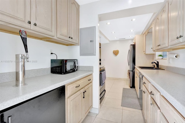 3511 Fairfax Dr, Fort Lauderdale, FL 33312 - kitchen featuring black microwave, freestanding refrigerator, light tile patterned flooring, light countertops, and electric panel