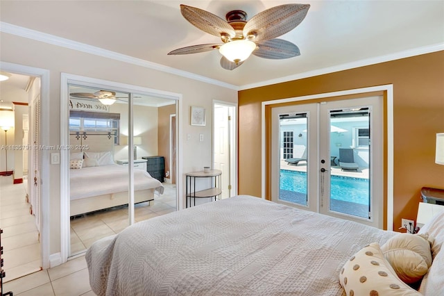 3511 Fairfax Dr, Fort Lauderdale, FL 33312 - bedroom with french doors, light tile patterned floors, ornamental molding, access to exterior, and a ceiling fan