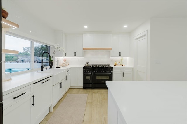 12241 SW 120th Ave, Miami, FL 33186 - kitchen with range with two ovens, custom range hood, light wood finished floors, tasteful backsplash, and white cabinetry