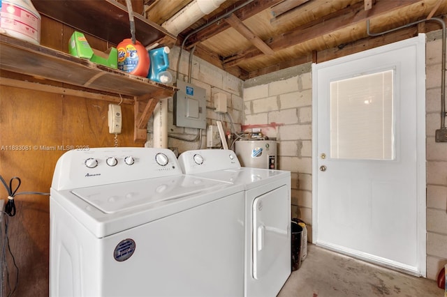 3036 N 58th Ave, Hollywood, FL 33021 - washroom featuring electric panel, electric water heater, concrete block wall, and washer and clothes dryer