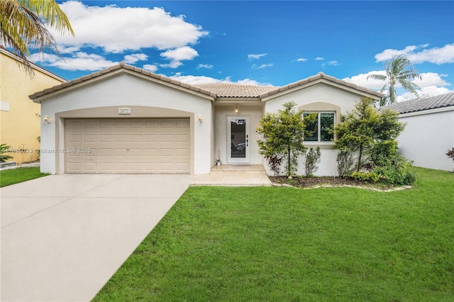 2472 SW 106th Ave, Miramar, FL 33025 - view of front of home with concrete driveway, an attached garage, a tiled roof, stucco siding, and a front yard
