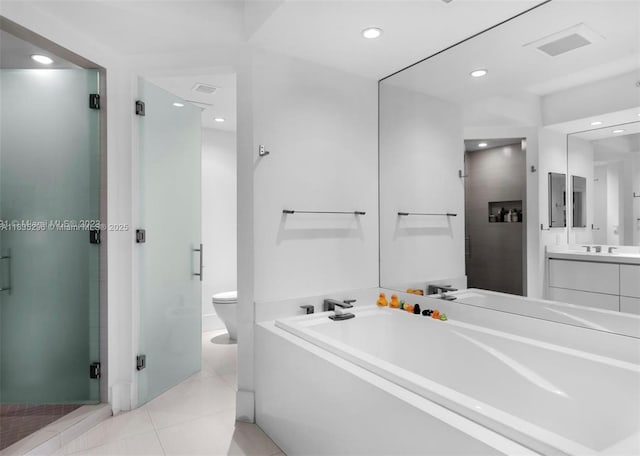 785 Crandon Blvd Unit 302, Key Biscayne, FL 33149 - bathroom with a stall shower, vanity, recessed lighting, a bath, and tile patterned flooring