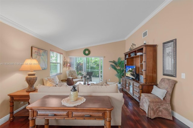 9614 NW 8th Cir, Plantation, FL 33324 - living area featuring dark wood-type flooring, crown molding, and lofted ceiling
