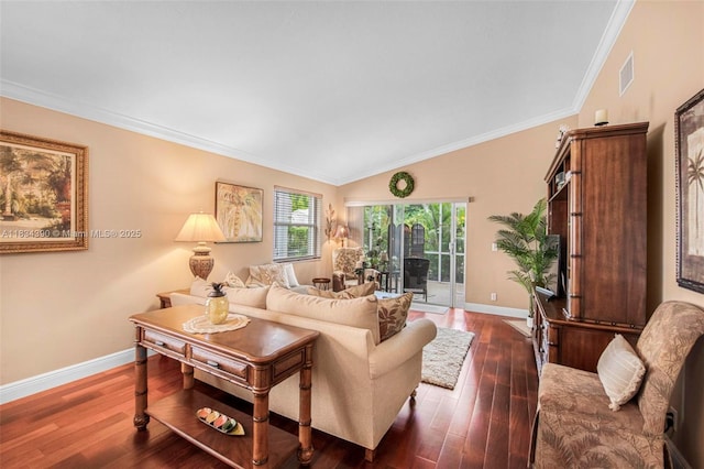 9614 NW 8th Cir, Plantation, FL 33324 - living area with dark wood-style flooring, lofted ceiling, and ornamental molding