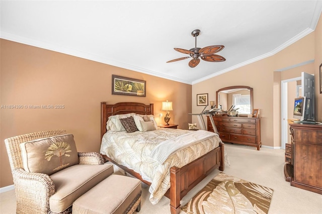 9614 NW 8th Cir, Plantation, FL 33324 - bedroom featuring crown molding, light colored carpet, lofted ceiling, and ceiling fan