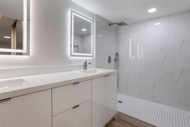 1170 SW 118th Ter, Davie, FL 33325 - bathroom featuring a marble finish shower, double vanity, and recessed lighting