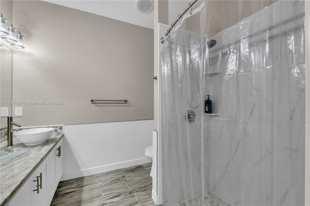 15859 N 68th Ct N, Loxahatchee, FL 33470 - bathroom featuring vanity, a shower with curtain, wood tiled floors, and a wainscoted wall