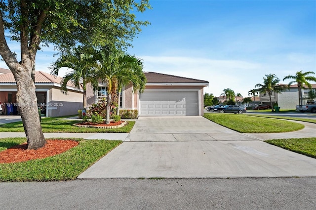 17476 SW 20th St, Miramar, FL 33029 - view of front facade with driveway, a garage, stucco siding, and a front lawn