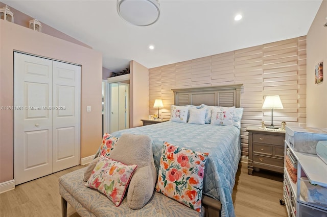 17476 SW 20th St, Miramar, FL 33029 - bedroom with light wood-type flooring, lofted ceiling, recessed lighting, and a closet