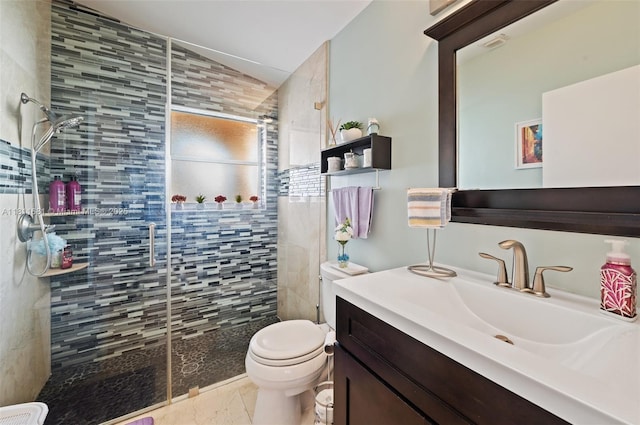 17476 SW 20th St, Miramar, FL 33029 - bathroom featuring a shower stall, vanity, vaulted ceiling, and marble finish flooring
