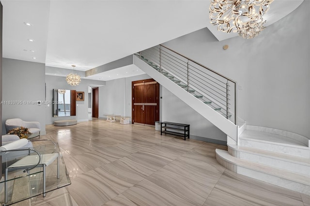 18201 Collins Ave Unit Ts2 & Ts3, Sunny Isles Beach, FL 33160 - living area featuring a chandelier, stairs, and recessed lighting