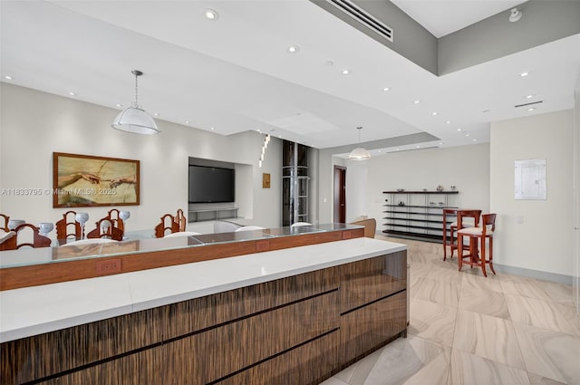 18201 Collins Ave Unit Ts2 & Ts3, Sunny Isles Beach, FL 33160 - kitchen with open floor plan, modern cabinets, hanging light fixtures, recessed lighting, and light marble finish flooring