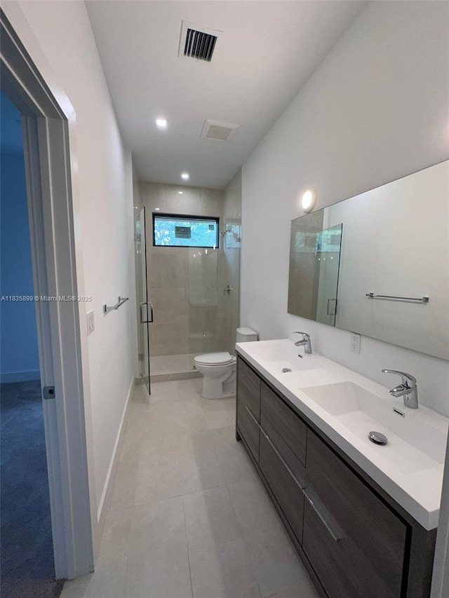 5463 W Oak Way, Dania Beach, FL 33314 - bathroom with a stall shower, double vanity, tile patterned flooring, and recessed lighting