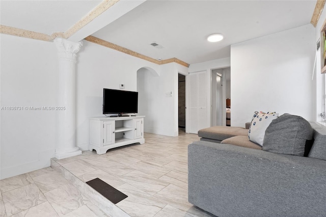2946 SW 26th St, Miami, FL 33133 - living area featuring arched walkways, ornate columns, and light marble finish floors