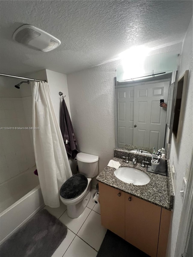 2548 Centergate Dr Unit 301, Miramar, FL 33025 - full bathroom with vanity, a textured ceiling, a textured wall, shower / tub combo with curtain, and tile patterned floors
