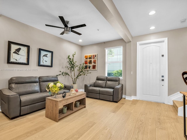 2249 NE 9th Ave, Wilton Manors, FL 33305 - living area with light wood-style flooring, ceiling fan, and recessed lighting