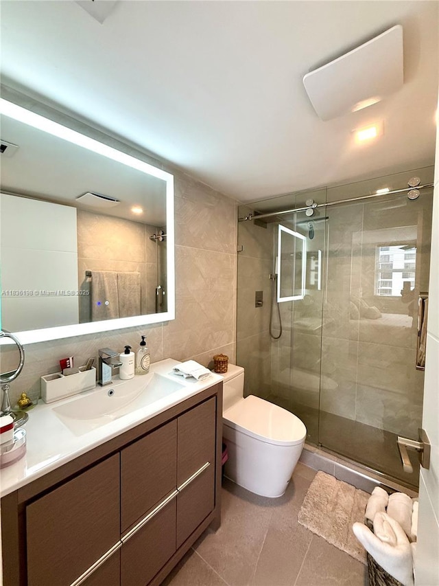770 Claughton Island Dr Unit 1503, Miami, FL 33131 - full bath with a stall shower, tile walls, vanity, decorative backsplash, and tile patterned flooring