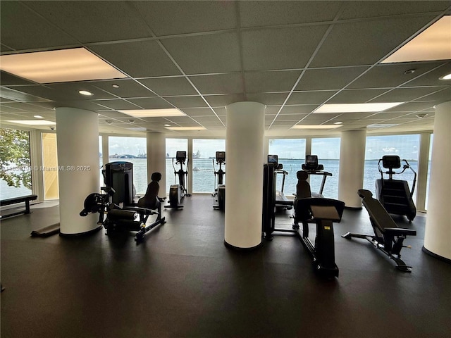 770 Claughton Island Dr Unit 1503, Miami, FL 33131 - exercise room with plenty of natural light, a paneled ceiling, and ornate columns