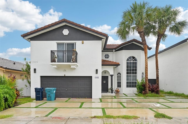 11652 SW 142nd Ct, Miami, FL 33186 - mediterranean / spanish house featuring a tile roof, a balcony, stucco siding, an attached garage, and concrete driveway