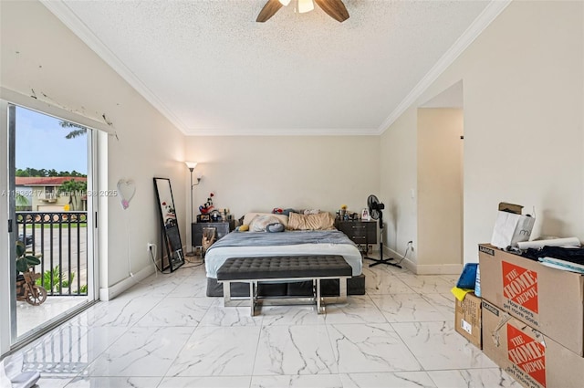 11652 SW 142nd Ct, Miami, FL 33186 - bedroom with access to outside, marble look tiles, ornamental molding, ceiling fan, and a textured ceiling