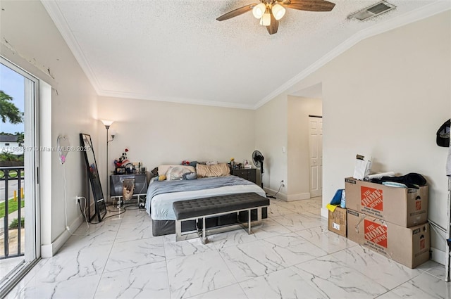 11652 SW 142nd Ct, Miami, FL 33186 - bedroom with access to exterior, marble look tile flooring, a textured ceiling, ornamental molding, and ceiling fan