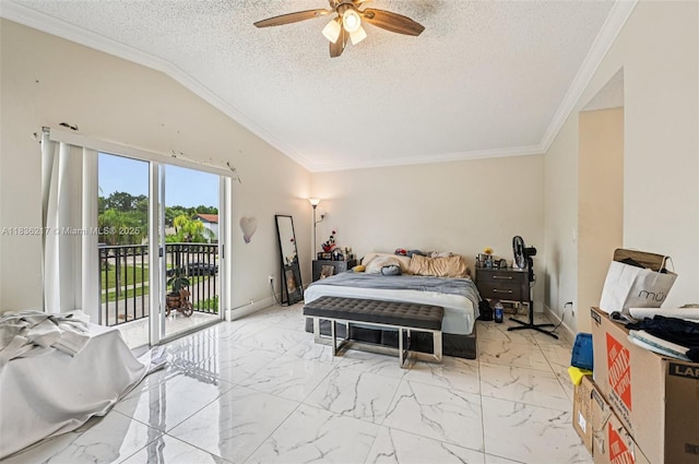 11652 SW 142nd Ct, Miami, FL 33186 - bedroom with access to exterior, a textured ceiling, crown molding, light marble finish floors, and a ceiling fan