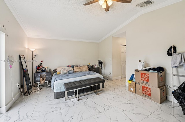 11652 SW 142nd Ct, Miami, FL 33186 - bedroom featuring marble look tile flooring, a ceiling fan, a textured ceiling, and ornamental molding