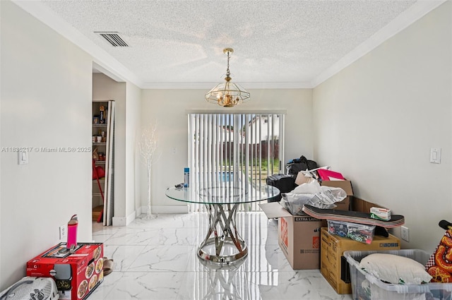 11652 SW 142nd Ct, Miami, FL 33186 - dining space featuring marble look tile flooring, a chandelier, a textured ceiling, and ornamental molding