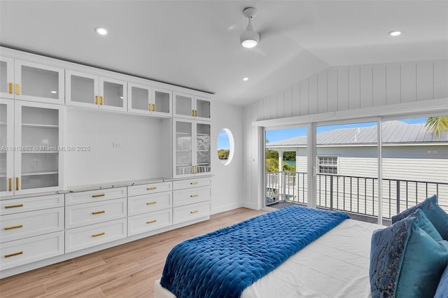126 Villa Bella Dr, Islamorada, FL 33036 - bedroom with lofted ceiling, access to outside, light wood finished floors, and a ceiling fan