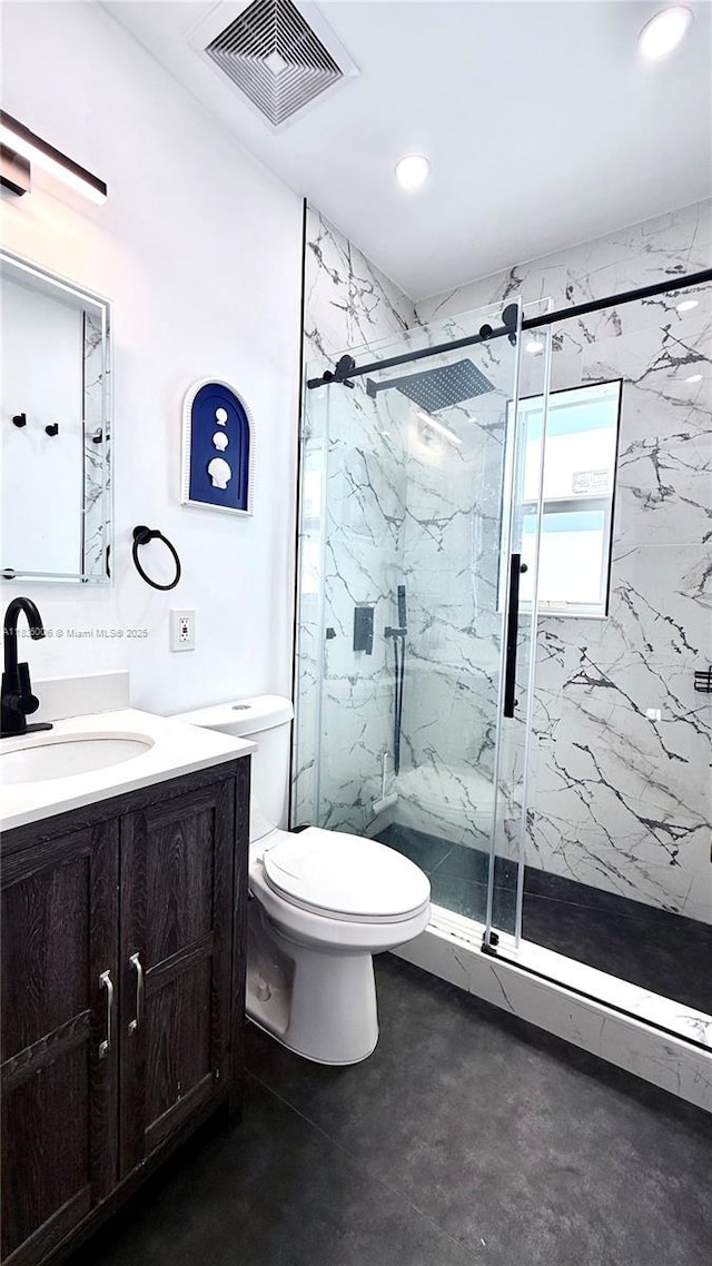 8449 NW 4th Ave Unit 8449, Miami, FL 33150 - full bathroom with vanity, a marble finish shower, recessed lighting, and concrete floors