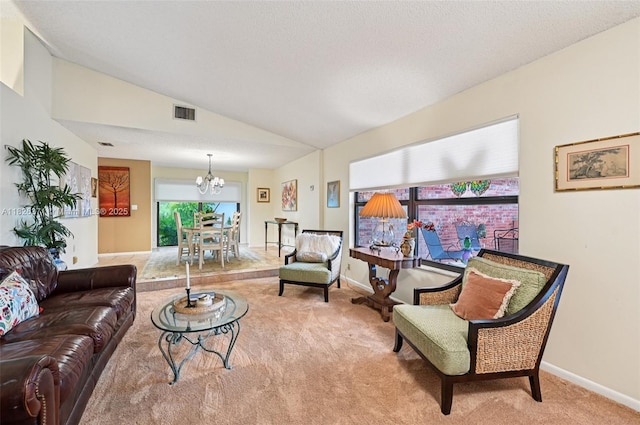 10875 NW 17th Mnr, Coral Springs, FL 33071 - living area featuring carpet, a chandelier, and lofted ceiling