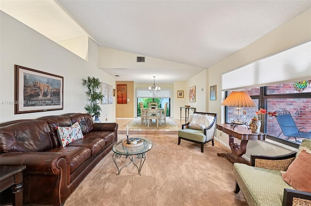 10875 NW 17th Mnr, Coral Springs, FL 33071 - living area with carpet, a chandelier, and vaulted ceiling