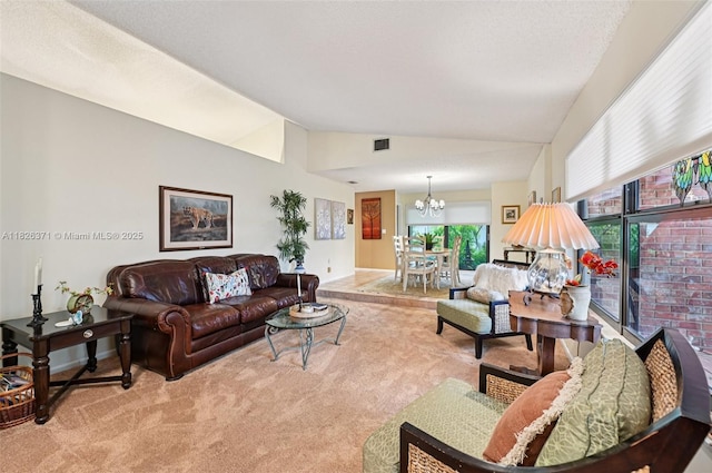10875 NW 17th Mnr, Coral Springs, FL 33071 - carpeted living room with lofted ceiling and a chandelier