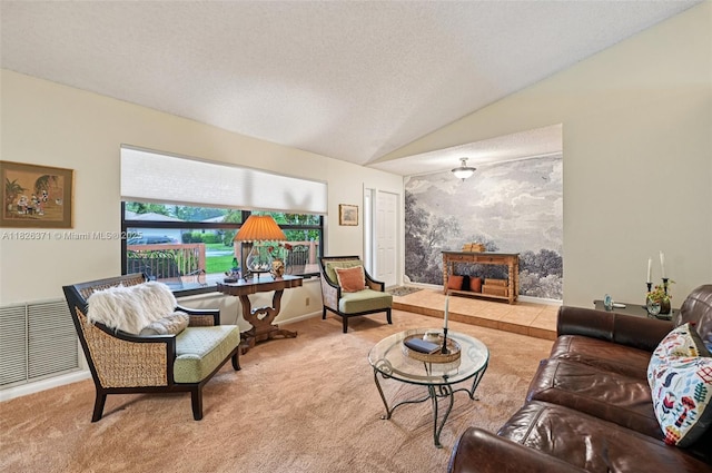 10875 NW 17th Mnr, Coral Springs, FL 33071 - living room with vaulted ceiling, carpet flooring, and a textured ceiling