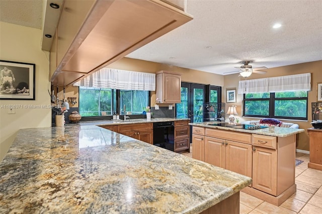 10875 NW 17th Mnr, Coral Springs, FL 33071 - kitchen with black appliances, a textured ceiling, light stone countertops, light brown cabinets, and ceiling fan