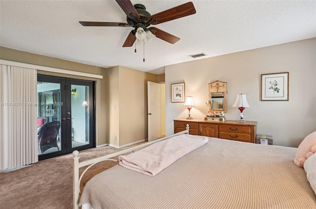 10875 NW 17th Mnr, Coral Springs, FL 33071 - carpeted bedroom featuring access to exterior, a textured ceiling, ceiling fan, and french doors