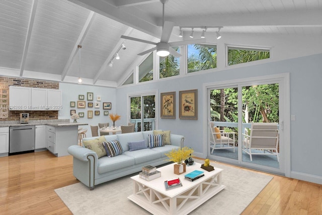 81975 Old Hwy, Islamorada, FL 33036 - living area featuring rail lighting, ceiling fan, light wood finished floors, beamed ceiling, and healthy amount of natural light