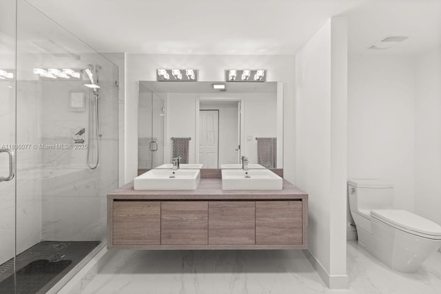400 Sunny Isles Blvd Unit 616, Sunny Isles Beach, FL 33160 - full bathroom featuring marble look tile flooring, a marble finish shower, and double vanity