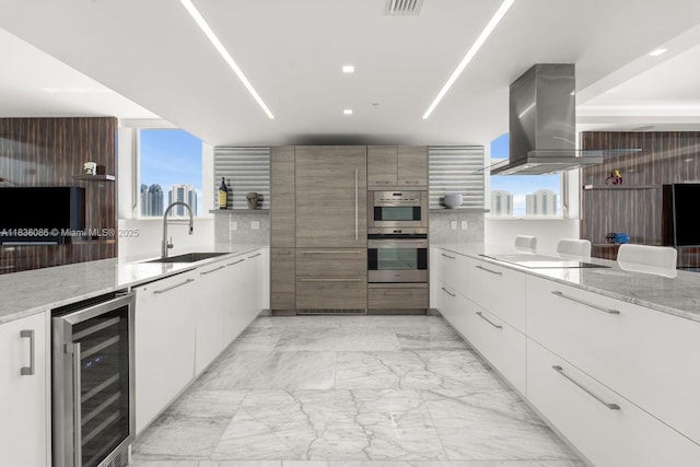 400 Sunny Isles Blvd Unit 2008, Sunny Isles Beach, FL 33160 - kitchen featuring wine cooler, open shelves, modern cabinets, electric cooktop, and double oven