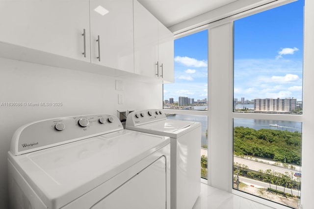 400 Sunny Isles Blvd Unit 2008, Sunny Isles Beach, FL 33160 - washroom featuring cabinet space, a view of skyline, and independent washer and dryer