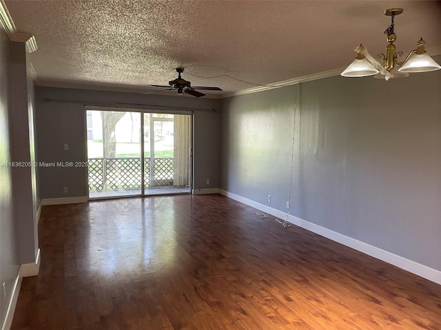 8735 Ramblewood Dr Unit 114, Coral Springs, FL 33071 - empty room with crown molding, a textured ceiling, a ceiling fan, wood finished floors, and a chandelier